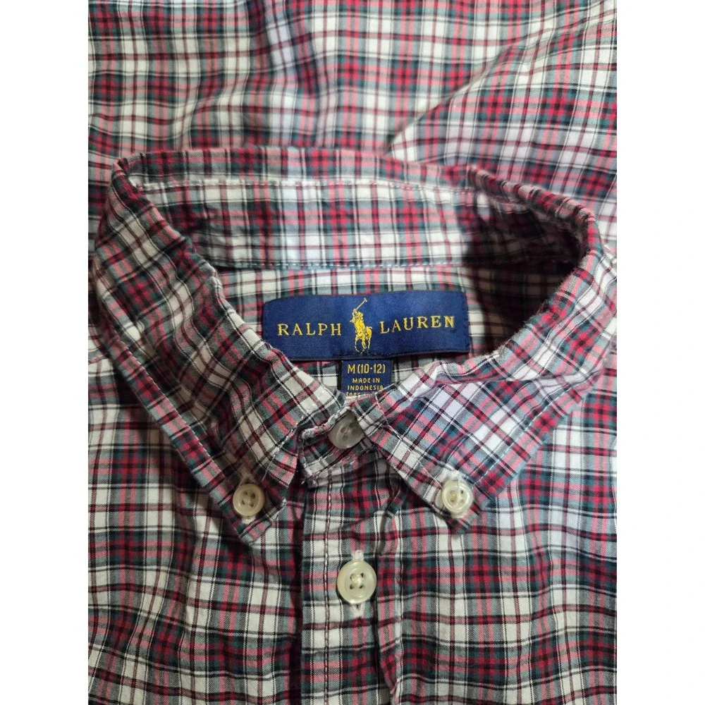 Ralph Lauren‎ Boys Red Plaid Cotton Button Down Shirt Size M 10-12 Long Sleeve